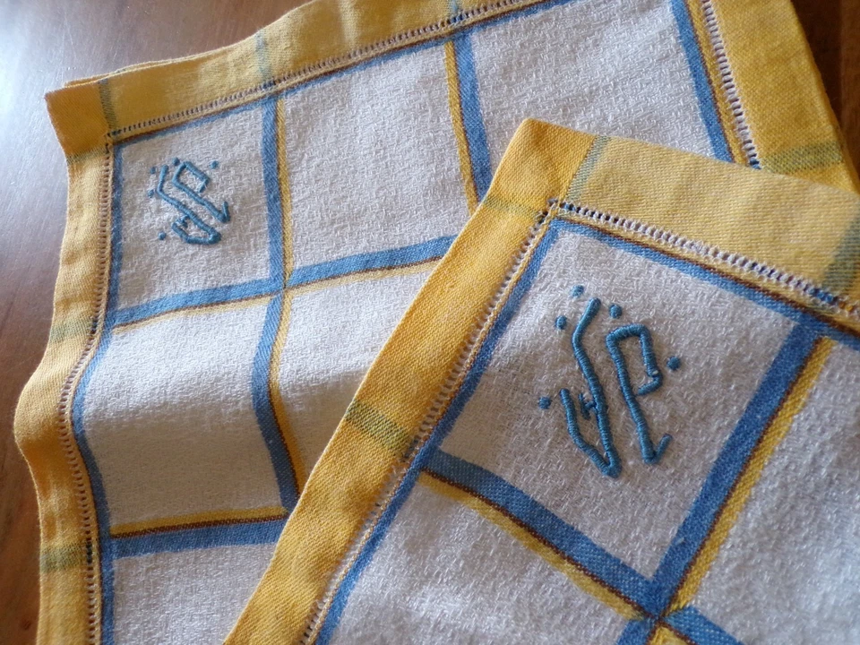 Vintage Lot de 8 serviettes de table coton bleu et jaune monogramme JP ( ref 18 - Photo 3/3