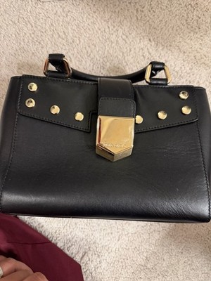 Jimmy Choo Black Studded Satchel Top Handle Bag Magnetic Closure Gold HW