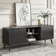 Mid Century Modern TV Stand 63 Inch Black Sliding Doors Storage Fits 70 Inch TVs