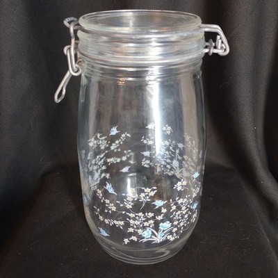 Vintage Arc France 1.5L Glass Canister - Blue & White Floral Bird Remplissage 9''