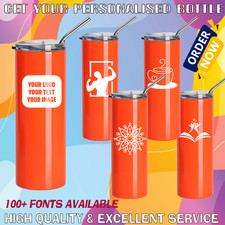 Personalised Custom Water Bottle Slim Stainless Steel Orange Tumbler Metal Straw