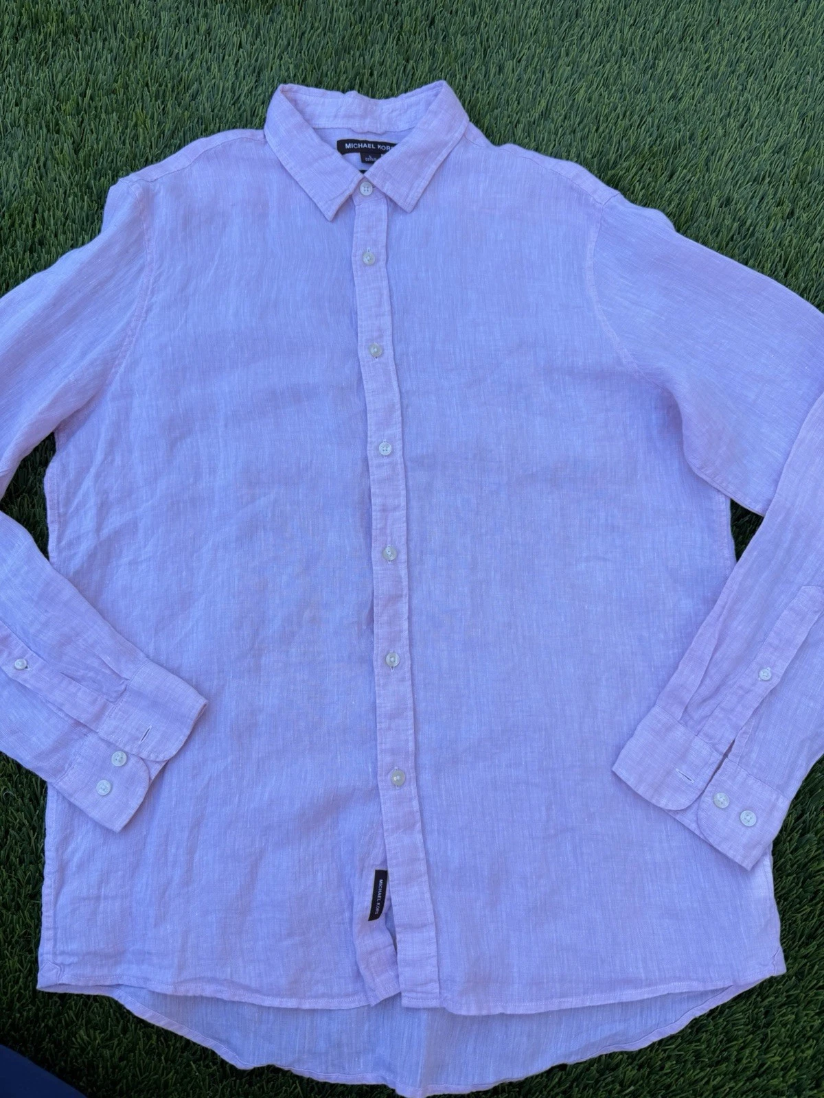 Michael Kors Men's Light Pink Linen Button-Up Shirt L Classic Fit Long Sleeve