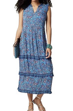 J Jill Coastal Ruffle Midi Dress XS Petite Blue Paisley Sleeveless Boho