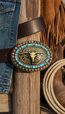 New Men Women Rusty Gold Metal Buckle Western Fashion Bull Long Horns Cow Texas