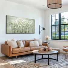 Modern Artwork Wall Decor White Flowers Picture Art 24"x48" Plant Wall Art De...