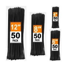 Zip Ties Assorted Sizes 4+6+8+12 Inch, 200 Pack, Black Cable Ties, UV Resistant