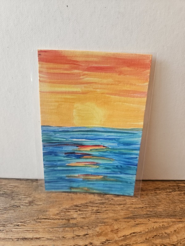 ACEO Art Card "Sunset On The Bay " Sun Ocean Original Painting Acrylic Paint