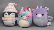 Squishmellow Lot Of 3. Luna Penguin, Faisah the Pegasus, Purple Dragon.