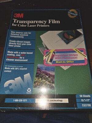 NEW 3M Transparency Film For Color Laser Printers HP CG3700 50 Sheets 8.5'' x 11''