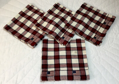 Four Large Dinner Napkins, Woven Checks, Flags, Burgundy, Navy Blue, Lt. Beige