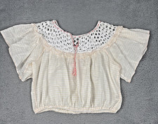 Free People Allora Top White Peach Combo Cotton Striped Ruffled Size M Boho