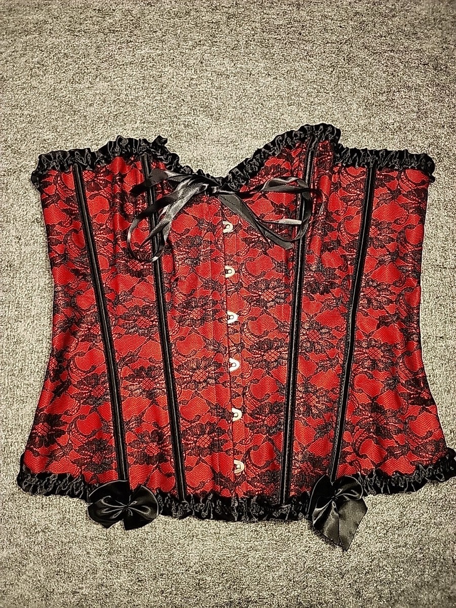 Womens Bustier Corset Top Size XL Red Black Lace Boudoir Sexy Burlesque