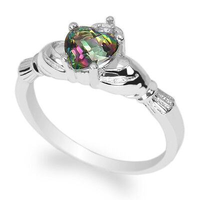 14K White Gold Fancy Claddagh Ring with Round CZ Embedded Size 4-10