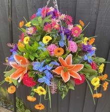 12 Inch Rattan Hanging baskets with artificial flowers (#44)