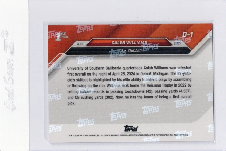 2024 Topps Now Caleb Williams 1ST PICK ROOKIE CARD SP Chicago Bears #D-1 RC - Image 2 of 2