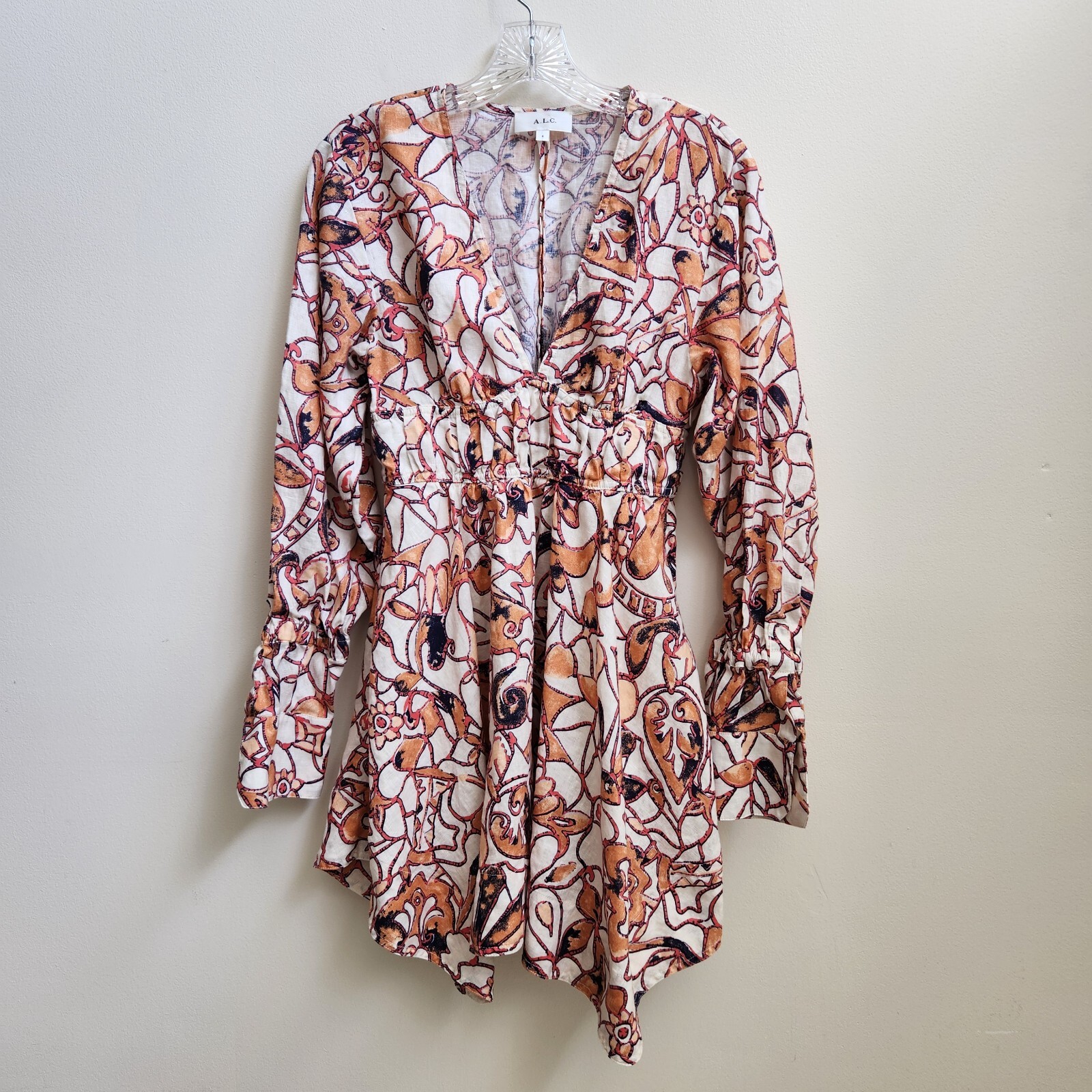 ALC Dress Women's 4 Tan Orange Linen Abstract Handkerchief Hem Cottagecore Boho