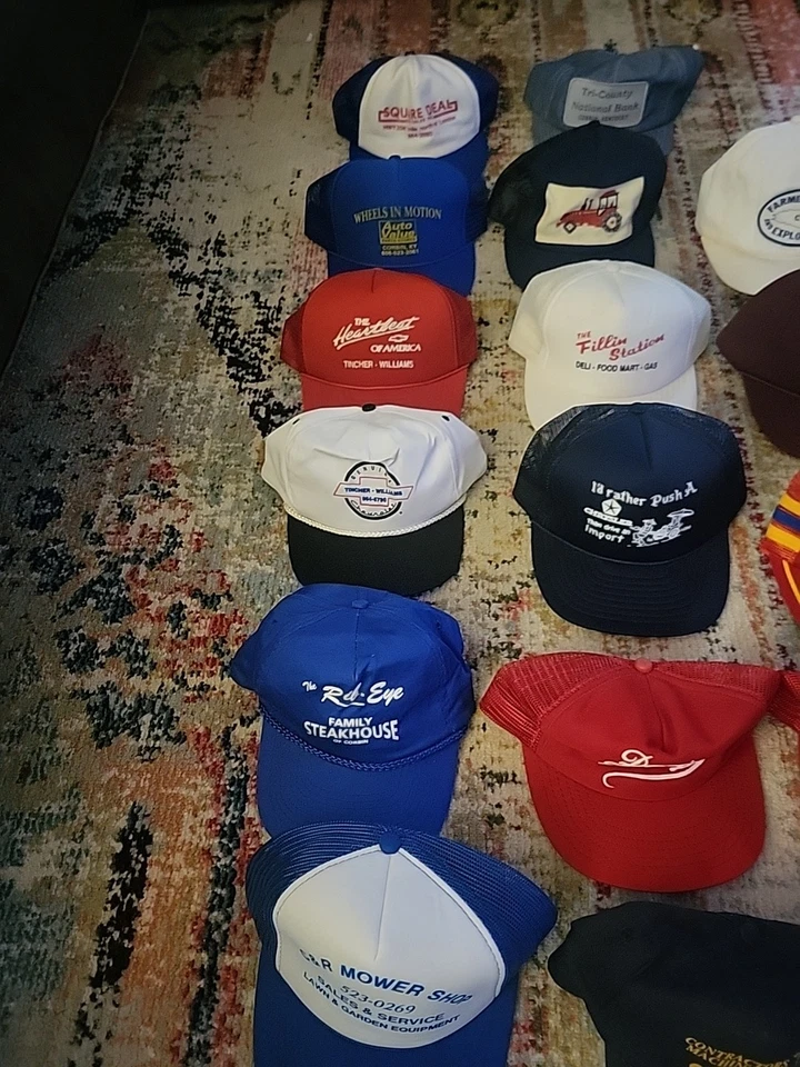 Лот из 20 винтажных шляп для рабочей одежды фермер/местный бизнес 80-е 90-е стиль дальнобойщика ретро - Изображение 3 из 4