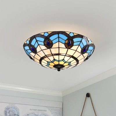 Thora Ivory and Azure Flushmount Ceiling Lamp Tiffany Style Glass Shade