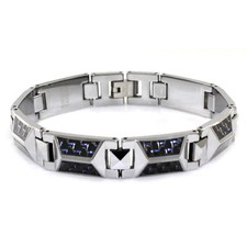Tungsten Carbide Triangle Prism Blue Carbon Fiber Inlay Men's Link Bracelet 8.5"