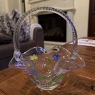Fenton Clear Glass Hand Painted Floral Basket Ruffled Edge Twisted Handle Signed