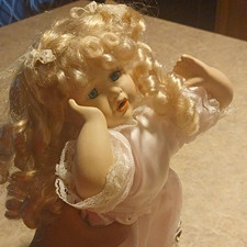 VTG Girl Doll Blonde Curly Hair Blue Eyes Pink Satin Lace Dress Removable