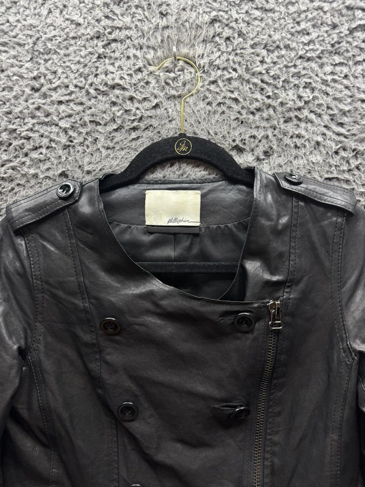 3.1 Philiip Lim Double Breasted Leather Full Zip Jacket Black Womens Size 4 - Image 3 of 4