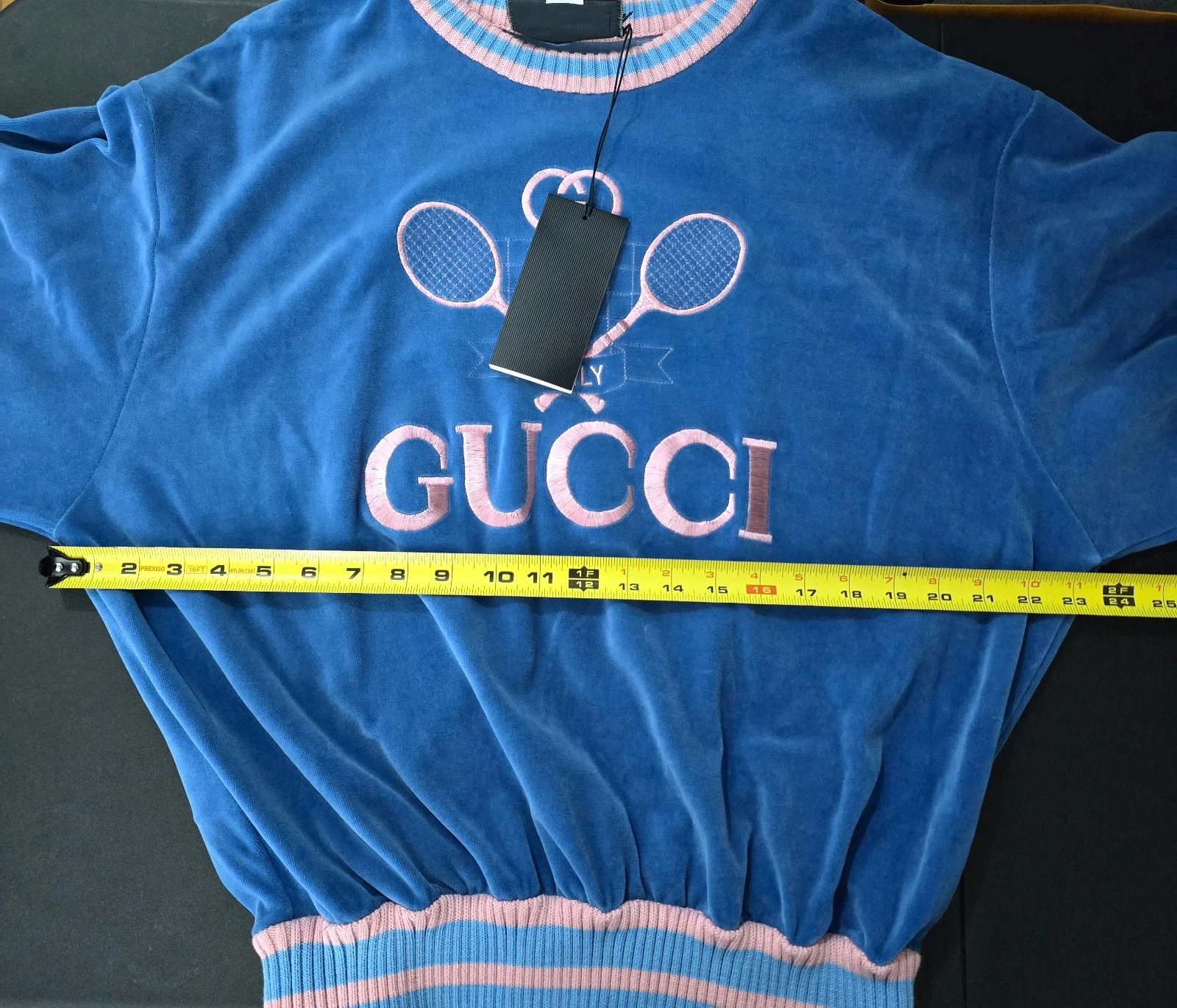 Gucci Tennis Racket Embroidered Velour Sweatsuit Blue | Size XS