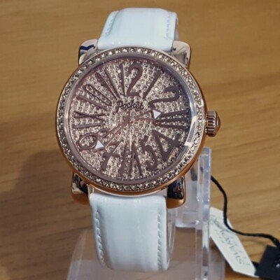 Damen Weiß Leder Rosegold Swarovski Tasche Medio Pop-Art Uhr PK2032 NEU