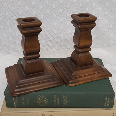 Vintage MCM Turned Wood Square Base Candlestick Taper Candle Holders Set/Pair 2