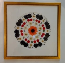 Pressed flower art daisies, 4 leaf clovers with white circle mat with gold frame
