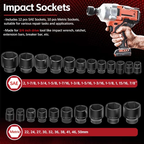 3/4" Drive Impact Socket Set, 27 pcs Standard SAE (7/8" to 2") & Metric(22-50mm) - Picture 8 of 19