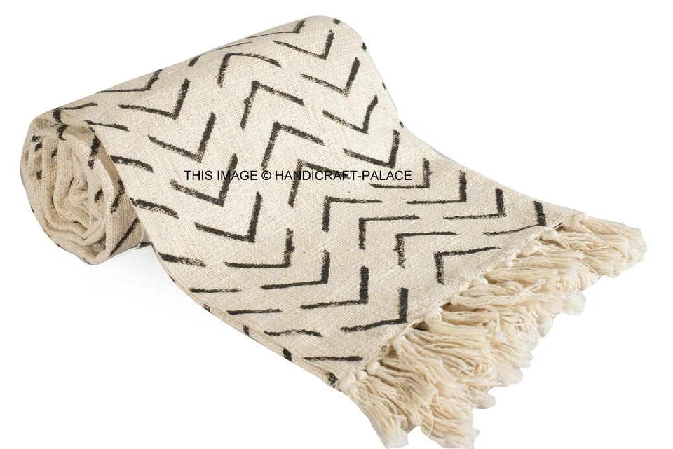 100% Cotton Tassels Blanket Woven Throw Bed Sofa Hand Block Print Rug Home Decor - Image 3 of 3