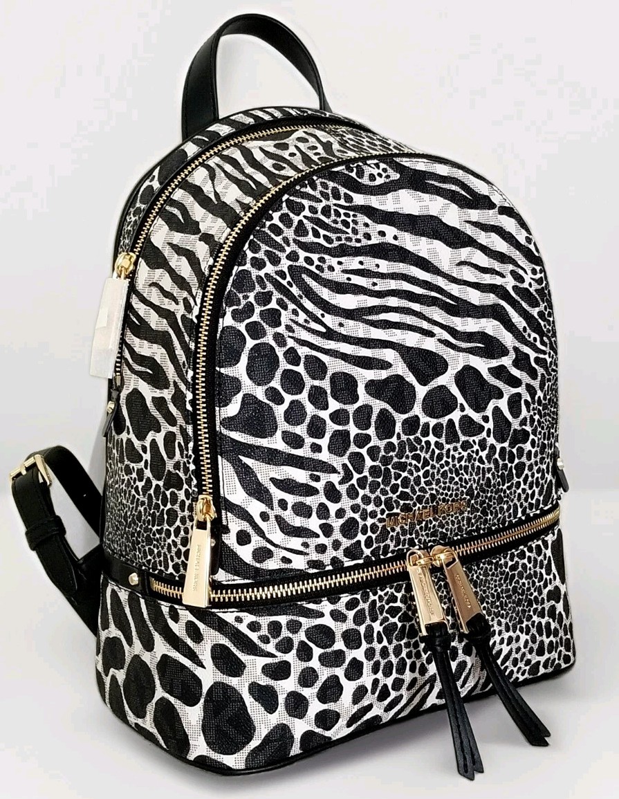 ?MICHAEL KORS RHEA ZIP MEDIUM BACKPACK BLACK WHITE LOGO ANIMAL PRINT TRAVEL BAG Amazon.com: MICHAEL Michael Kors Rhea Zip Medium Fur  main image 2