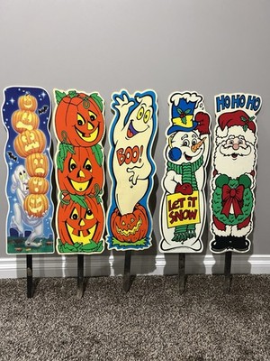 Lot Of 5 Vintage 90's Halloween/Christmas Yard Art Signs Impact Plastics