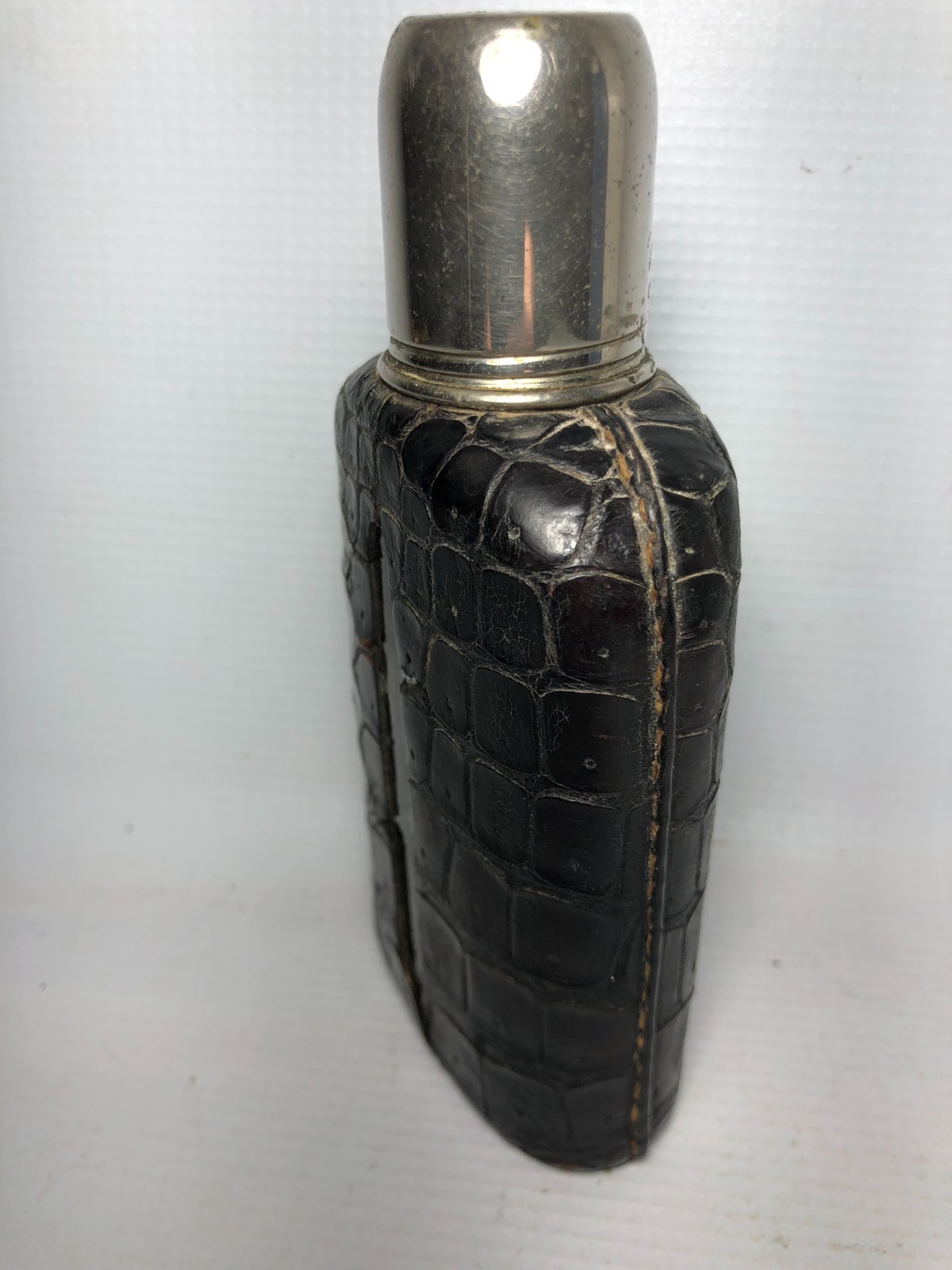 Antique CF Rumpp & Sons Pocket Hip Flask Crocodile Leather Wrapped Glass