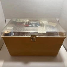 Vintage Wilson Wil-Hold Gold keepsake Storage Box with Assorted Sewing Notions