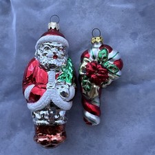 Christopher Radko Style Blown Glass Christmas Ornament Set Santa And Candy Cane