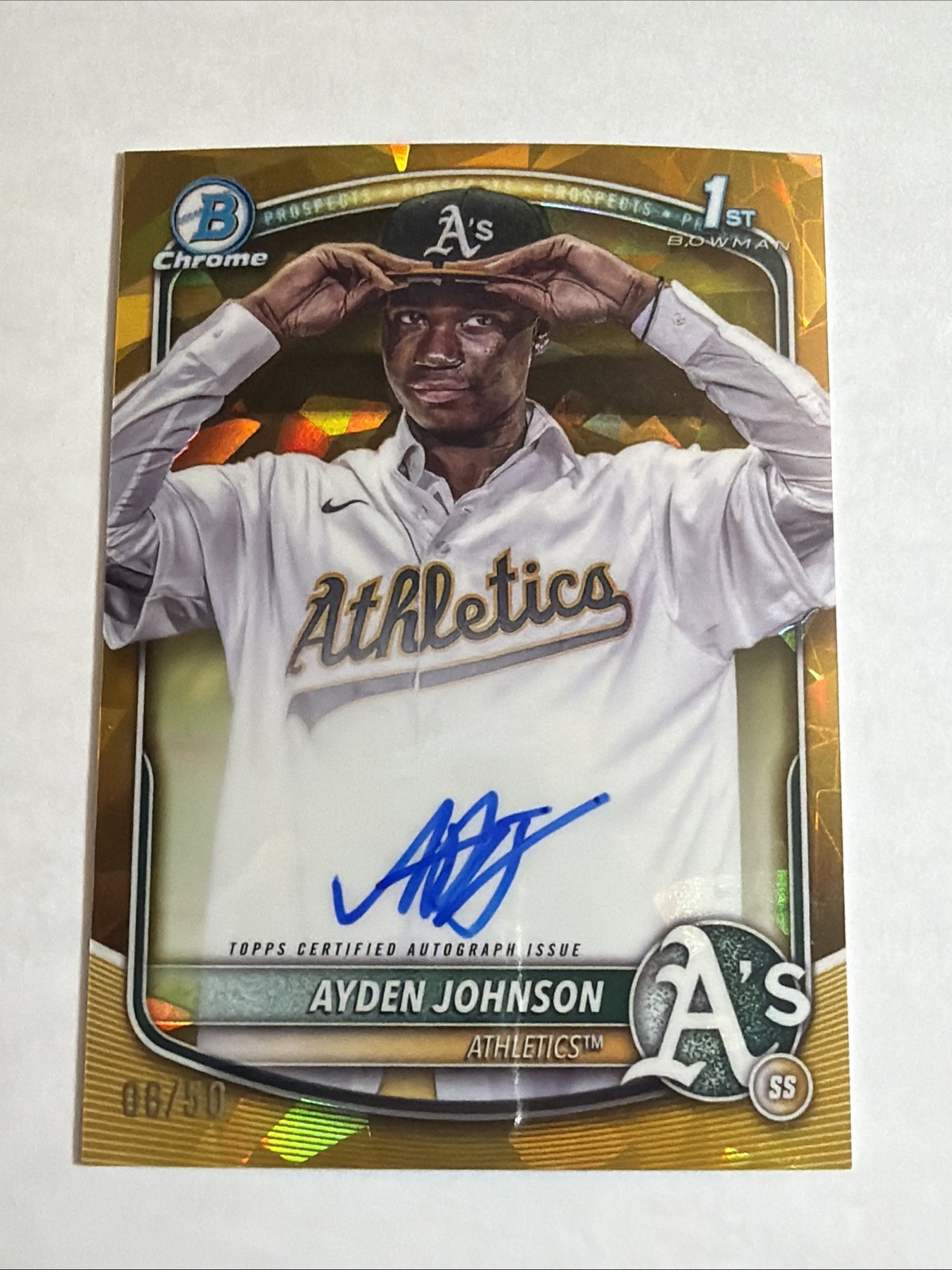 2025 1st Bowman Chrome Sapphire Gold Refractor Ayden Johnson Auto 6/50 RC SP A’s