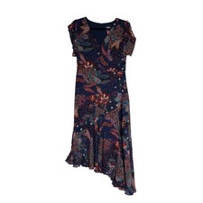 Vince Camuto Womens Floral Paisley Asymmetrical Midi Dress Navy Blue 8 Whimsical