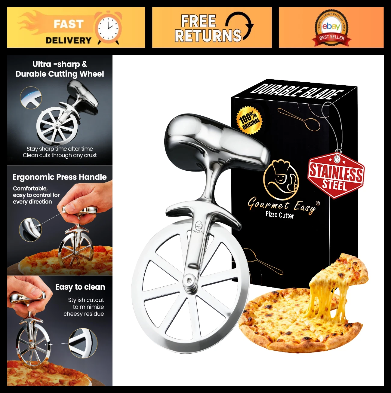 Premium Stainless Steel Unicycle Pizza Cutter - Ergonomic Non-Slip Handle, Easy
Opens in a new windo