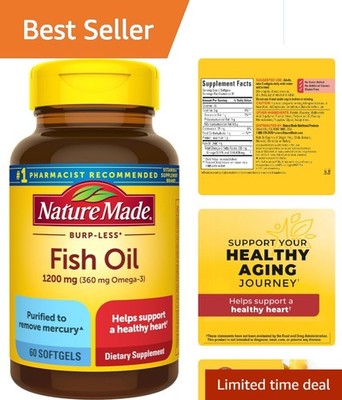 Burp Less Omega 3 Fish Oil 1200 mg Softgels - 60 Count for Heart & Brain Health