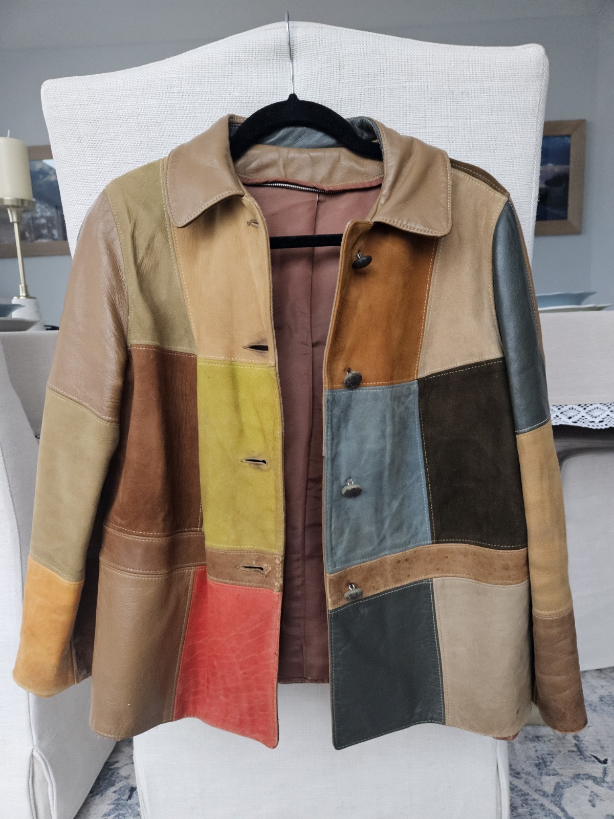 VTG 70S Multicolor Patchwork Leather Button Jacke… - image 3
