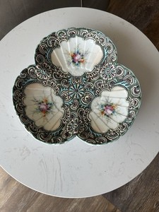 Porcelain 3-section serving dish w/hand-painted floral design and gilt accents