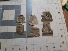 6 Vtg Caterpillar Pocket Watch Fob Dump Truck, Road Scraper, Tractor, Bulldozer 