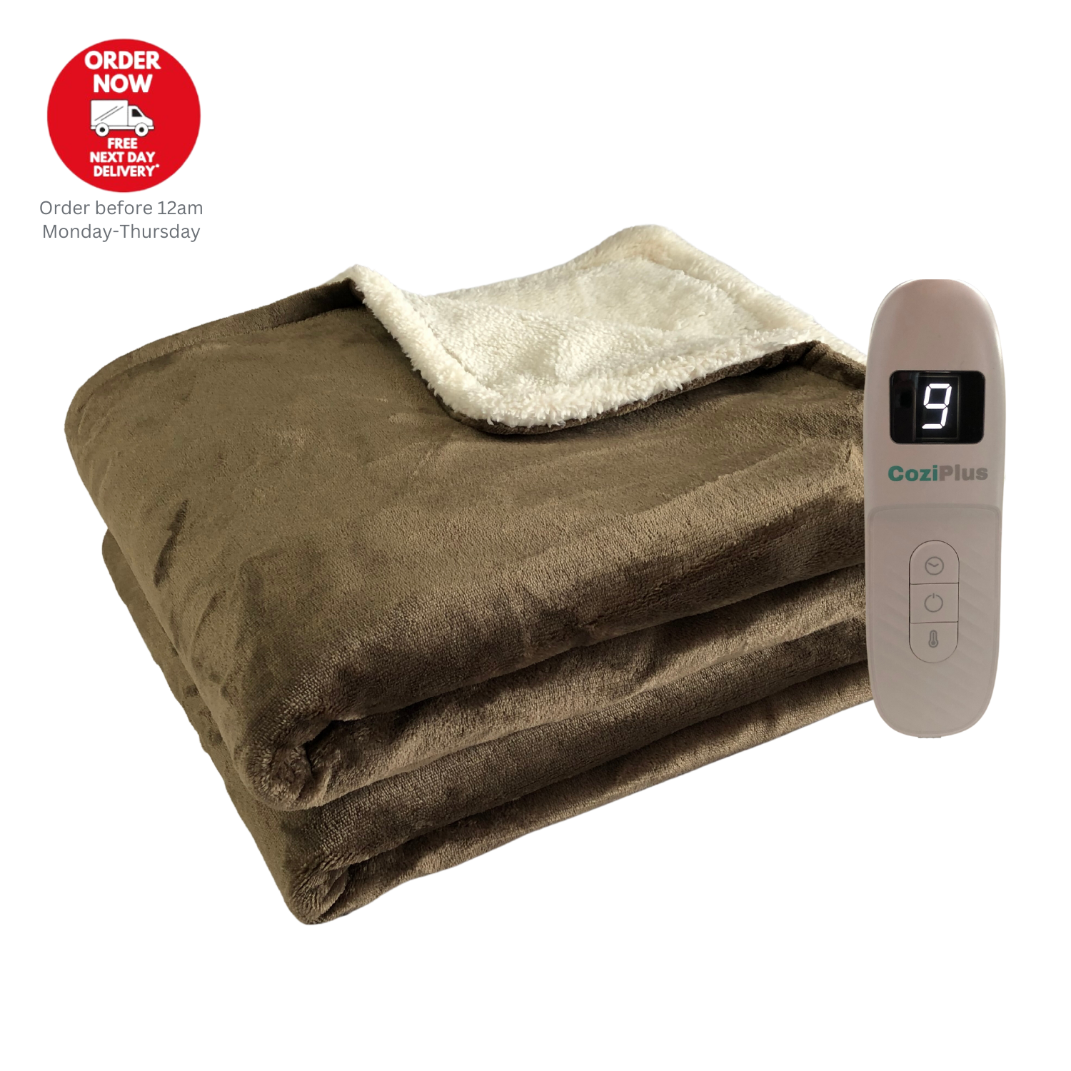 CoziPlus Heated Throw Electric Blanket Brown, 9 Heat & Timer Controller, XL