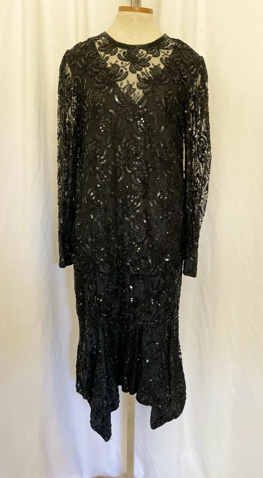 Judith Ann Creation Black Beaded Sequin Flapper Gown Dress Asymmetric Hem Small