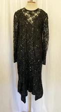 Judith Ann Creation Black Beaded Sequin Flapper Gown Dress Asymmetric Hem Small