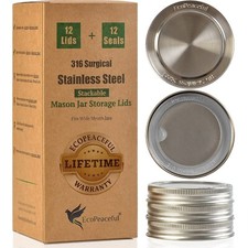 Surgical Stainless Steel Mason Jar Lids w/ RING Silicone Seals - Not for Canning