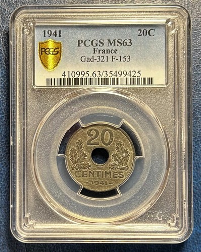 France, World War 2, Occupation, 20 centimes 1941, Zinc, PCGS MS63