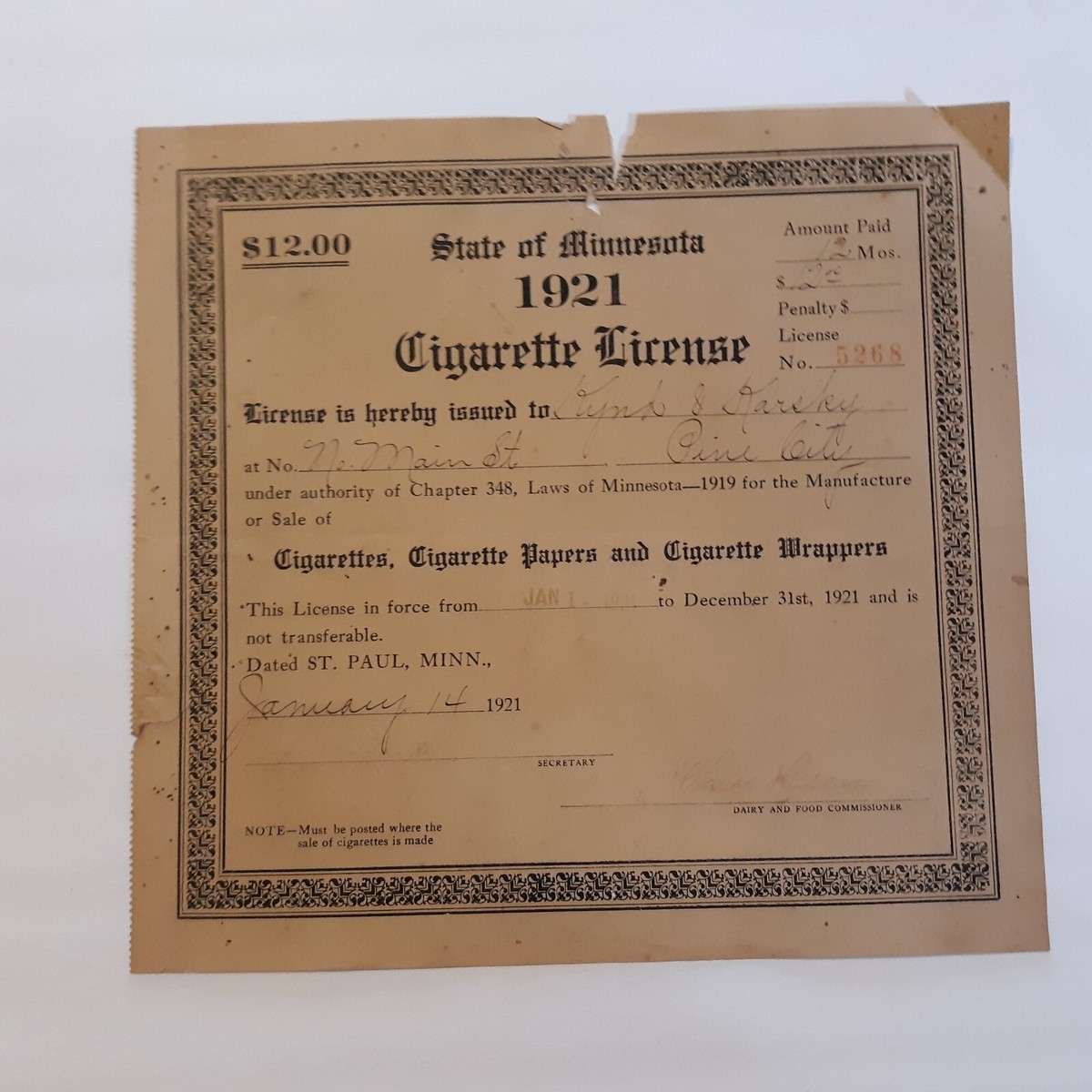 how much is a tobacco license in michigan 1921 Cigarette License State of Minnesota Certificate Antique Tobacco